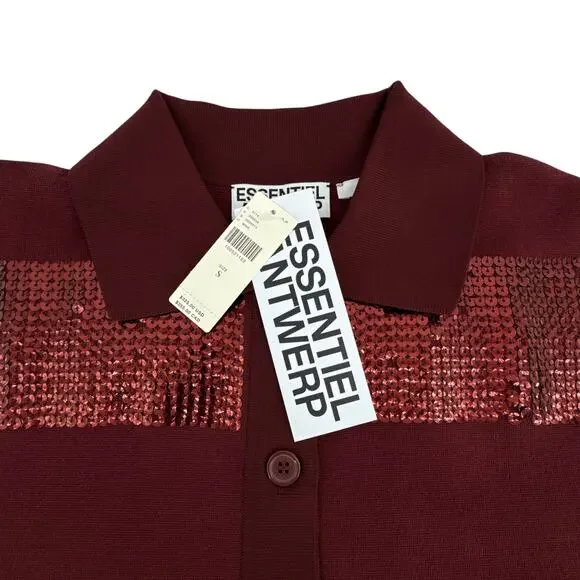 ESSENTIEL ANTWERP Illuminati Sequin Striped Polo Shirt in Wine S
